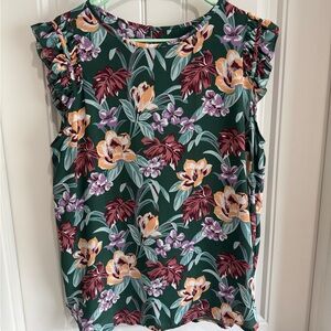LOFT Floral Ruffle Sleeve Blouse - Green and Purple